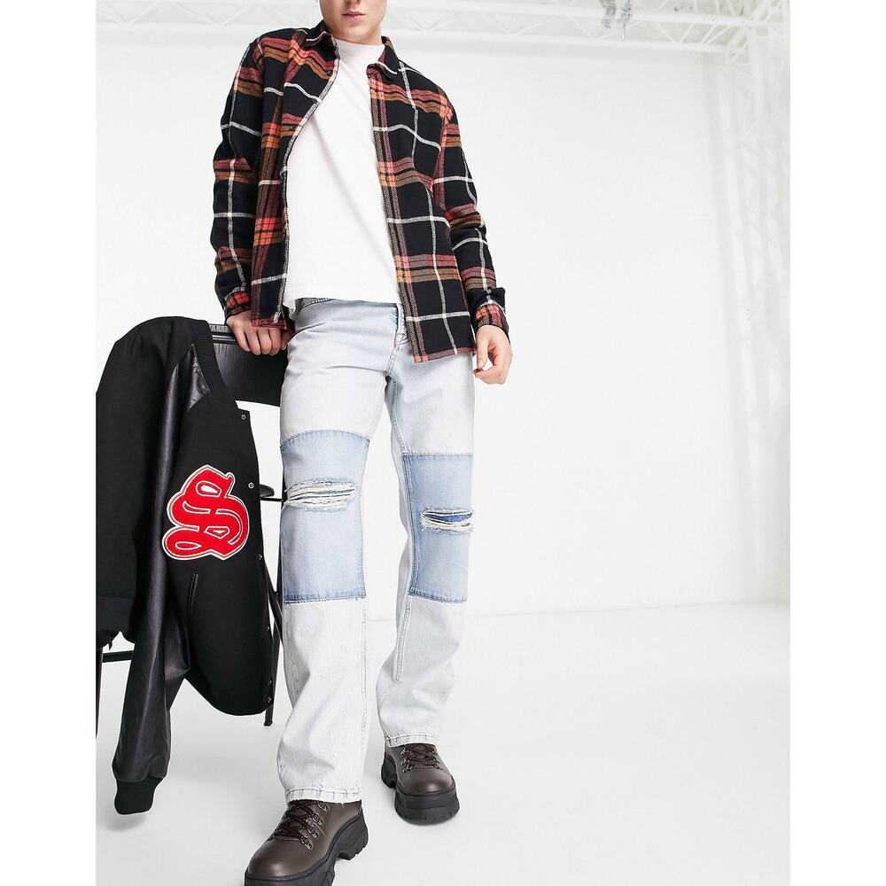 Topman baggy patch rip jeans in light wash blue size W30/32